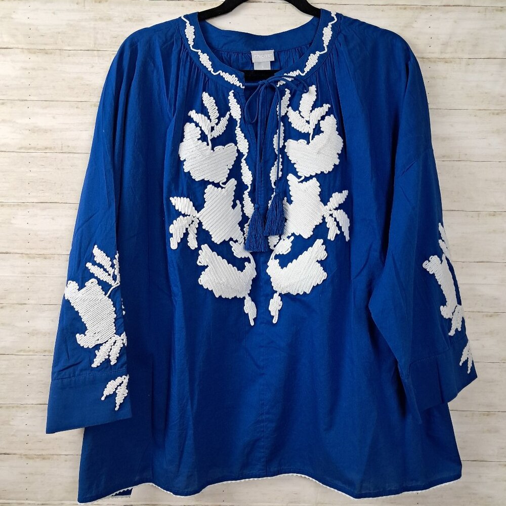 Chicos Embroidered Tie Neck Peasant Top 4 (20-22)